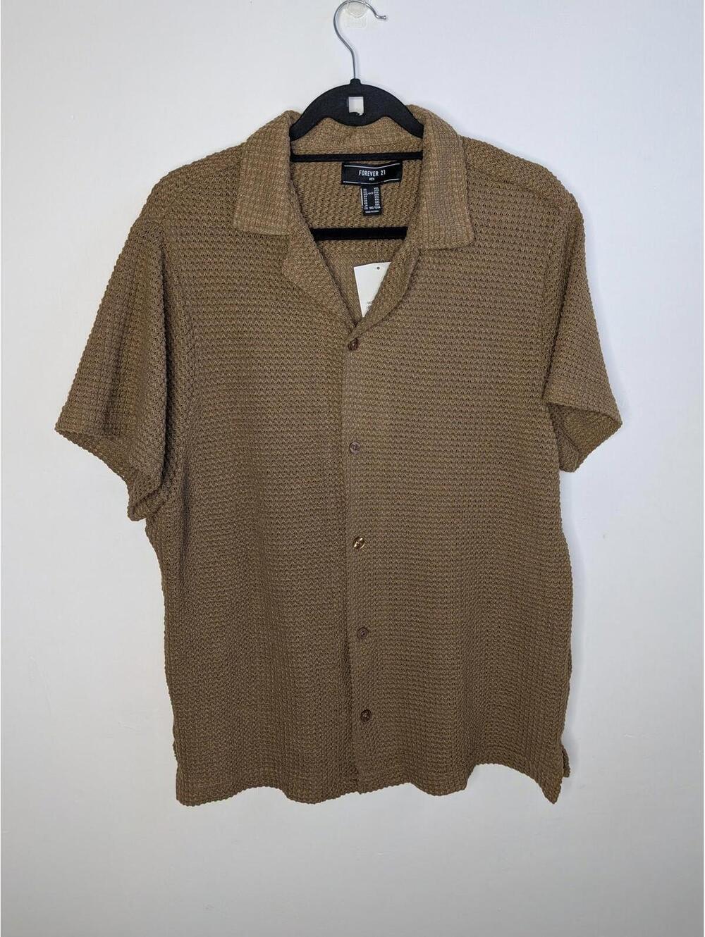 Forever 21 Shirt Mens 2XL Brown Textured Knit Button Front Short Sleeve Collared
